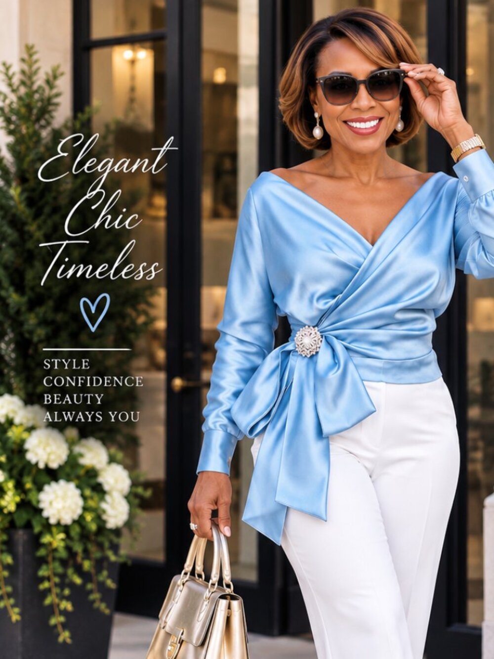 Light Blue Satin Off Shoulder Wrap Blouse Rhinestone Bow Top XL 16-18